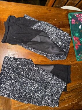 Lululemon Crop Leggings Lot of 2 Black White Speckled Mesh Athletic Yoga Pants